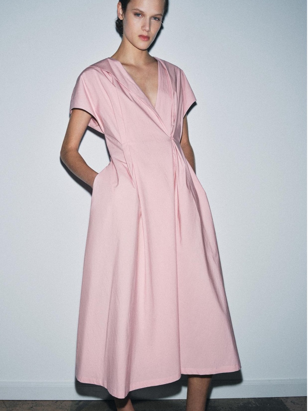 Zara Soft Pink V-Neck Midi Dress